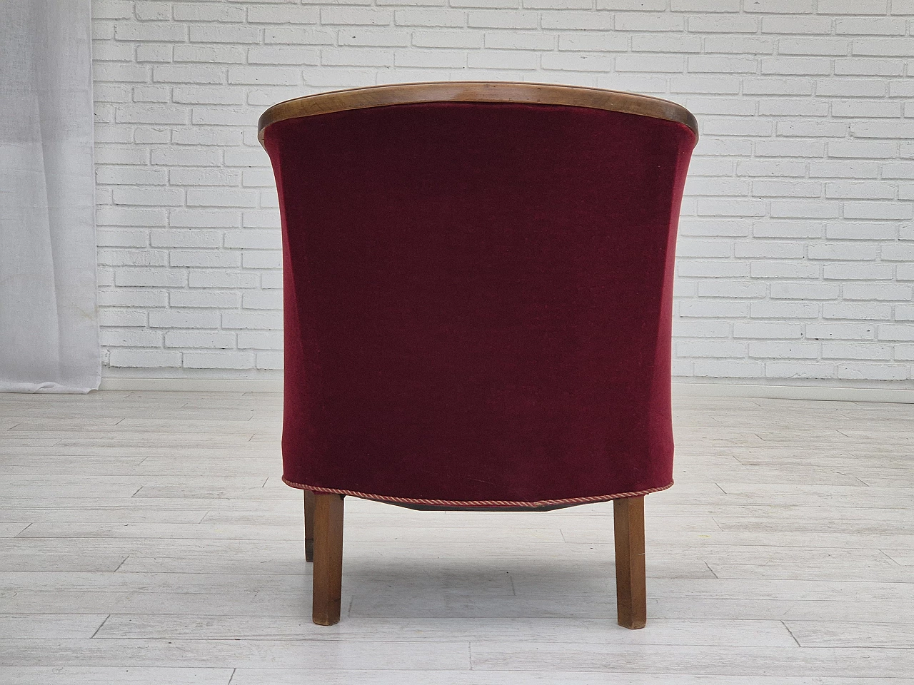 Danish beech and red velvet armchair, 1950s 5