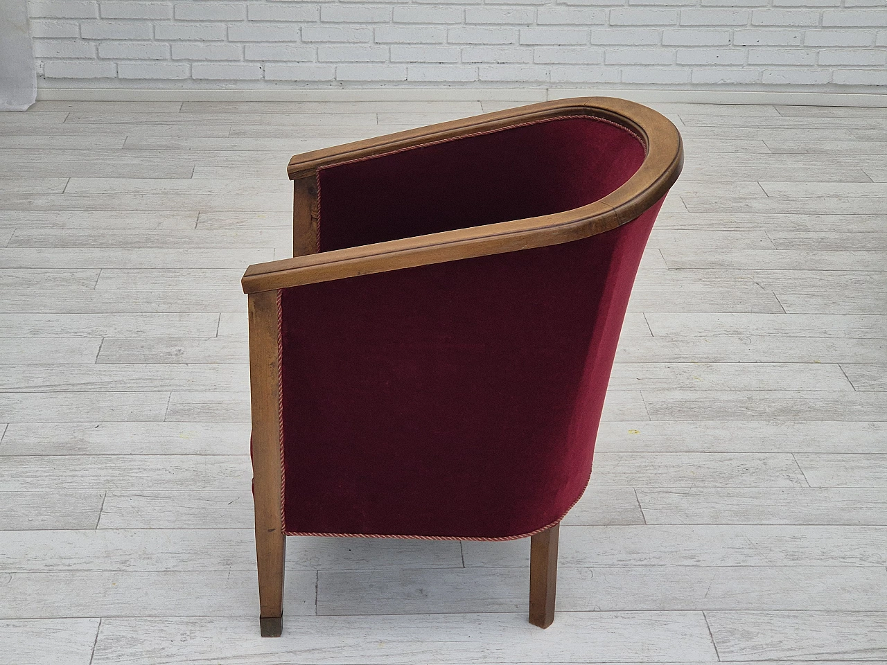 Danish beech and red velvet armchair, 1950s 9