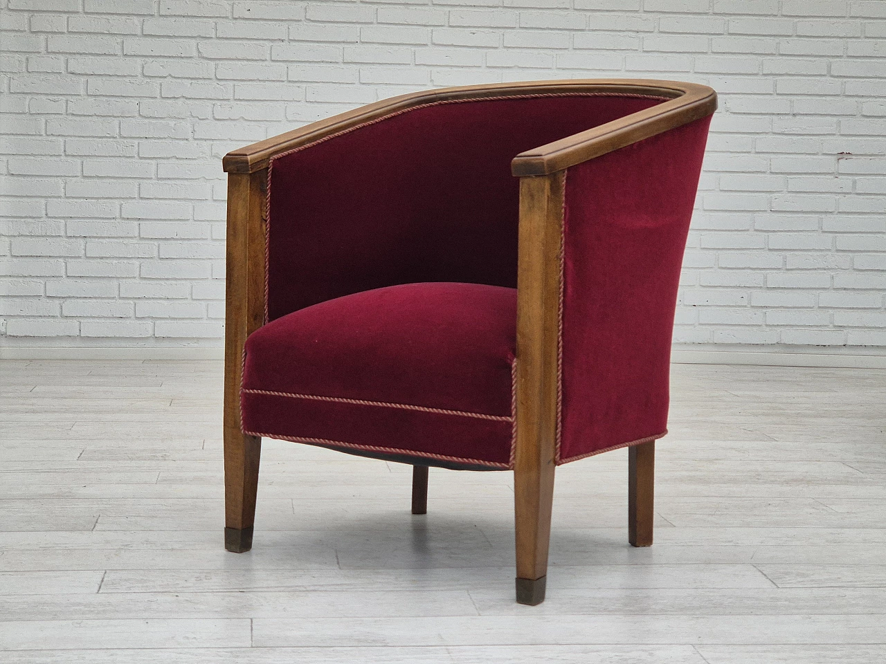 Danish beech and red velvet armchair, 1950s 10