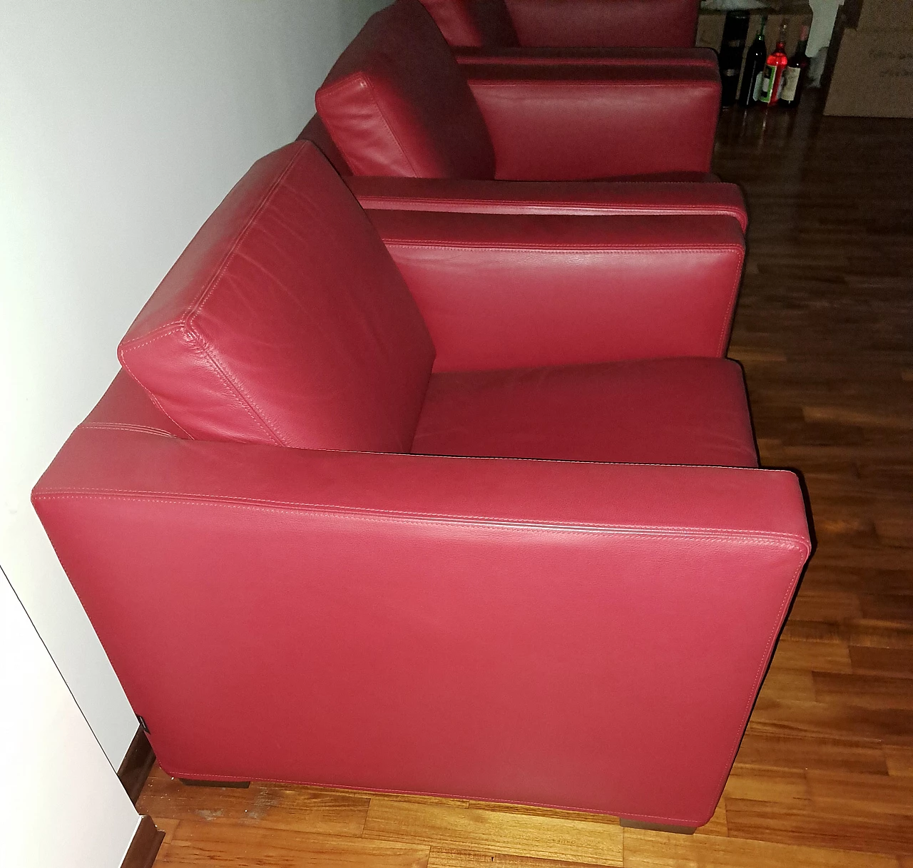 4 Red leather armchairs, 2000s 2