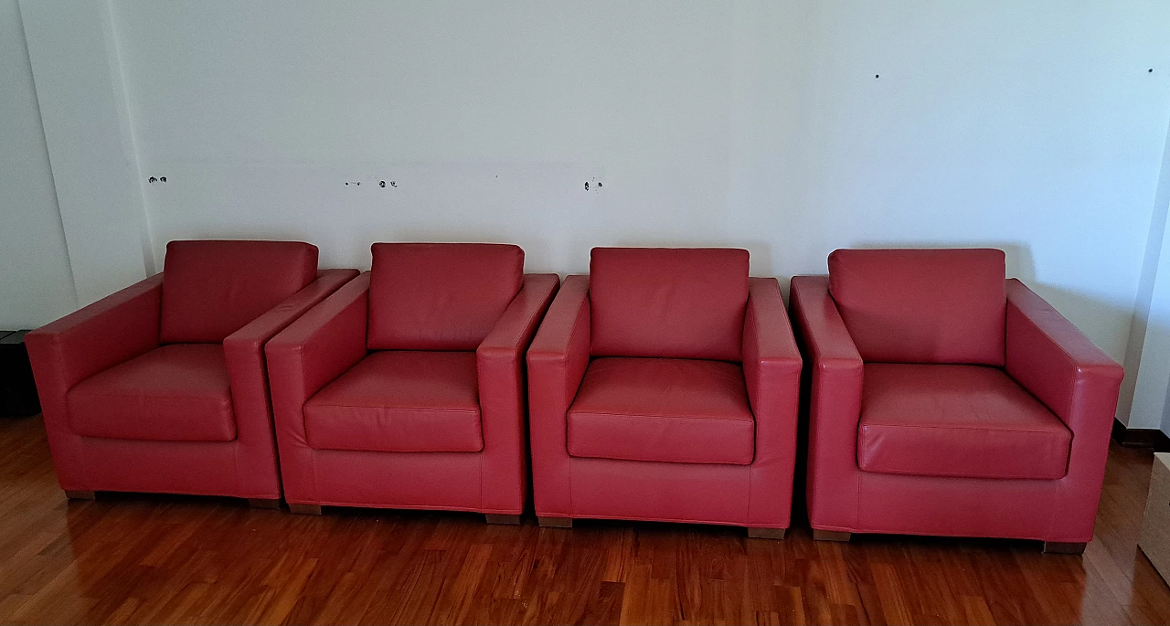 4 Red leather armchairs, 2000s 4