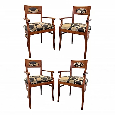 4 Armchairs in wood and geometric fabric, 1970s