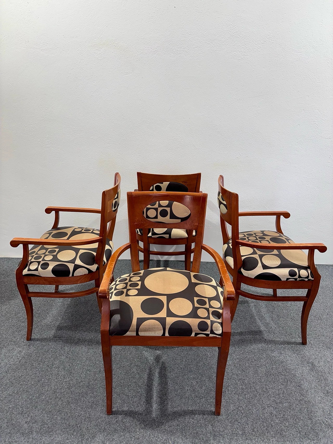4 Armchairs in wood and geometric fabric, 1970s 3