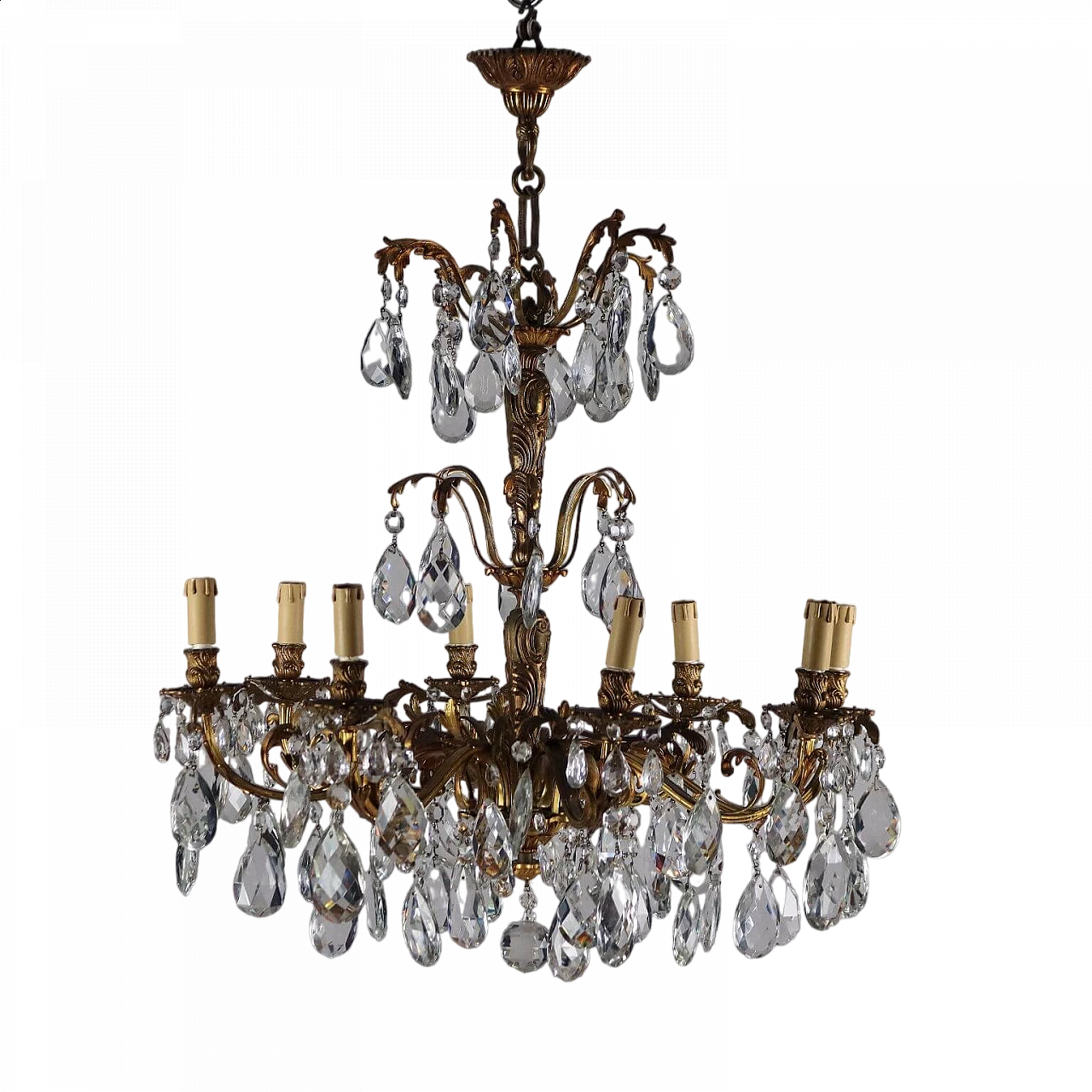 8-Light chandelier in gilded bronze with glass pendants 8