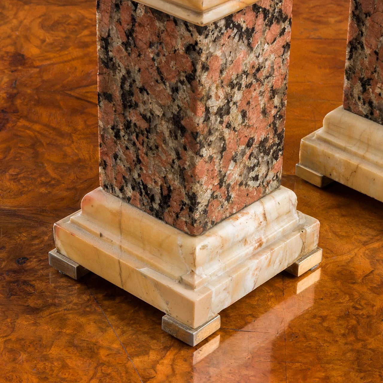 Pair of red granite and giallo di Siena marble obelisks, 19th century 2