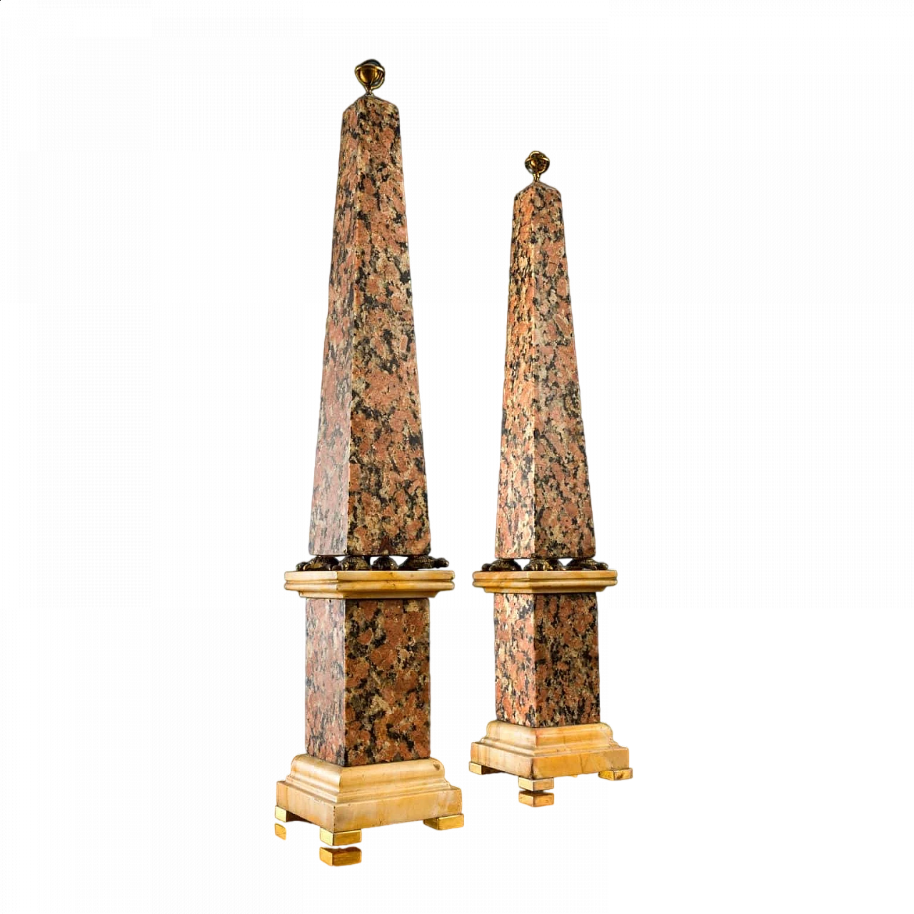 Pair of red granite and giallo di Siena marble obelisks, 19th century 7