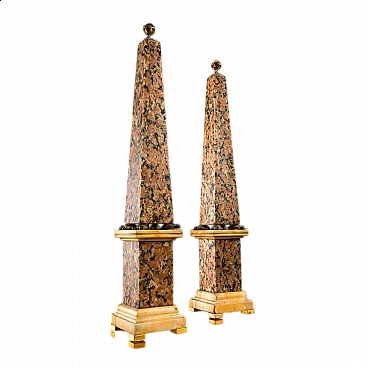 Pair of red granite and giallo di Siena marble obelisks, 19th century