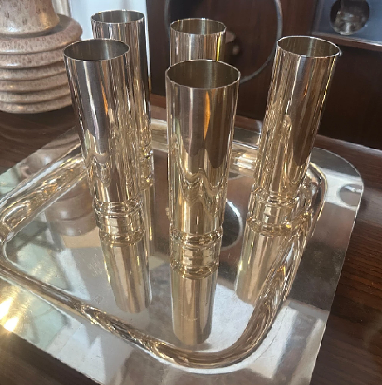 6 Flutes da champagne e vassoio di Disatron Silver, anni '80 3