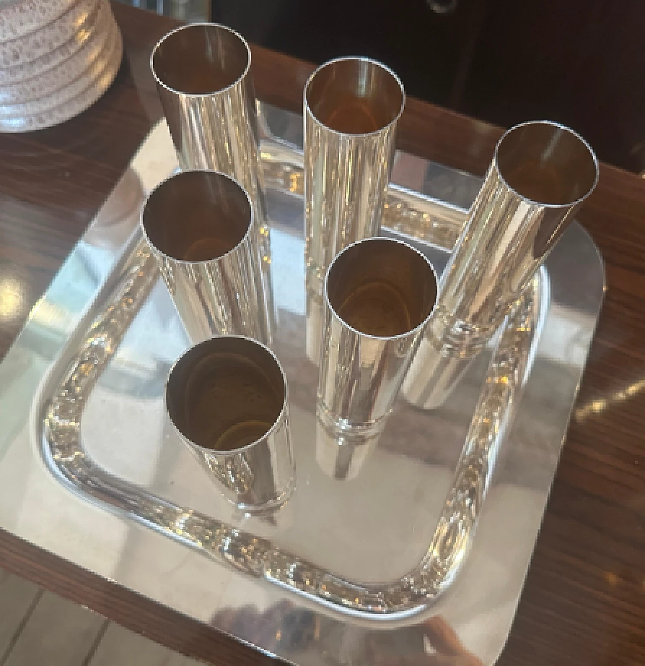 6 Flutes da champagne e vassoio di Disatron Silver, anni '80 5