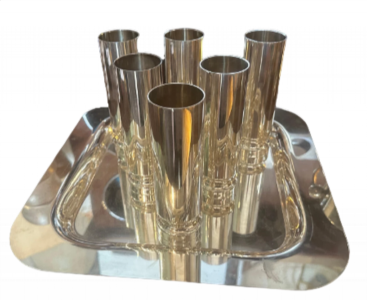 6 Flutes da champagne e vassoio di Disatron Silver, anni '80 9