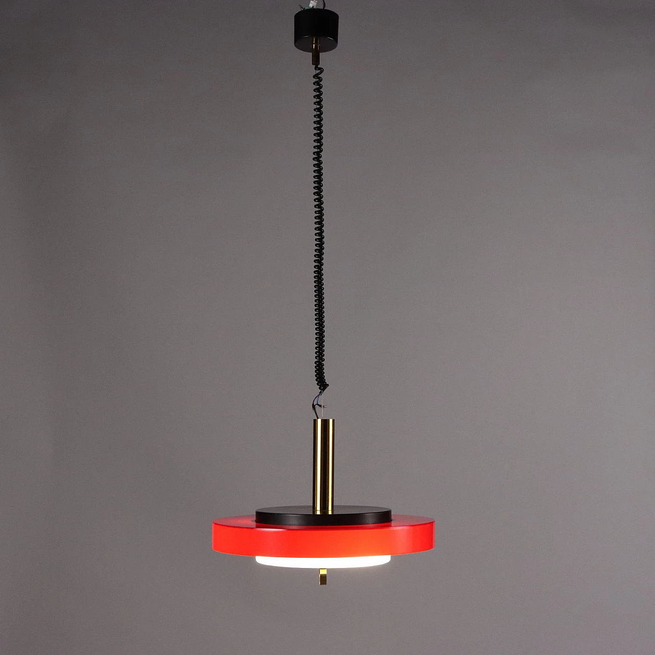 Red ceiling lamp in aluminium, glass and brass, 1960s 3