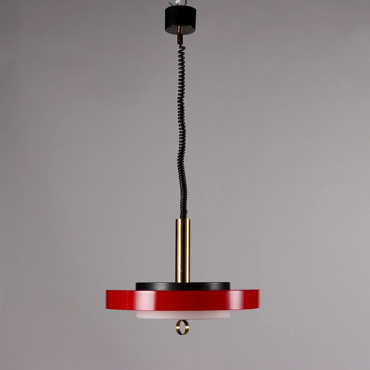 Red ceiling lamp in aluminium, glass and brass, 1960s 4