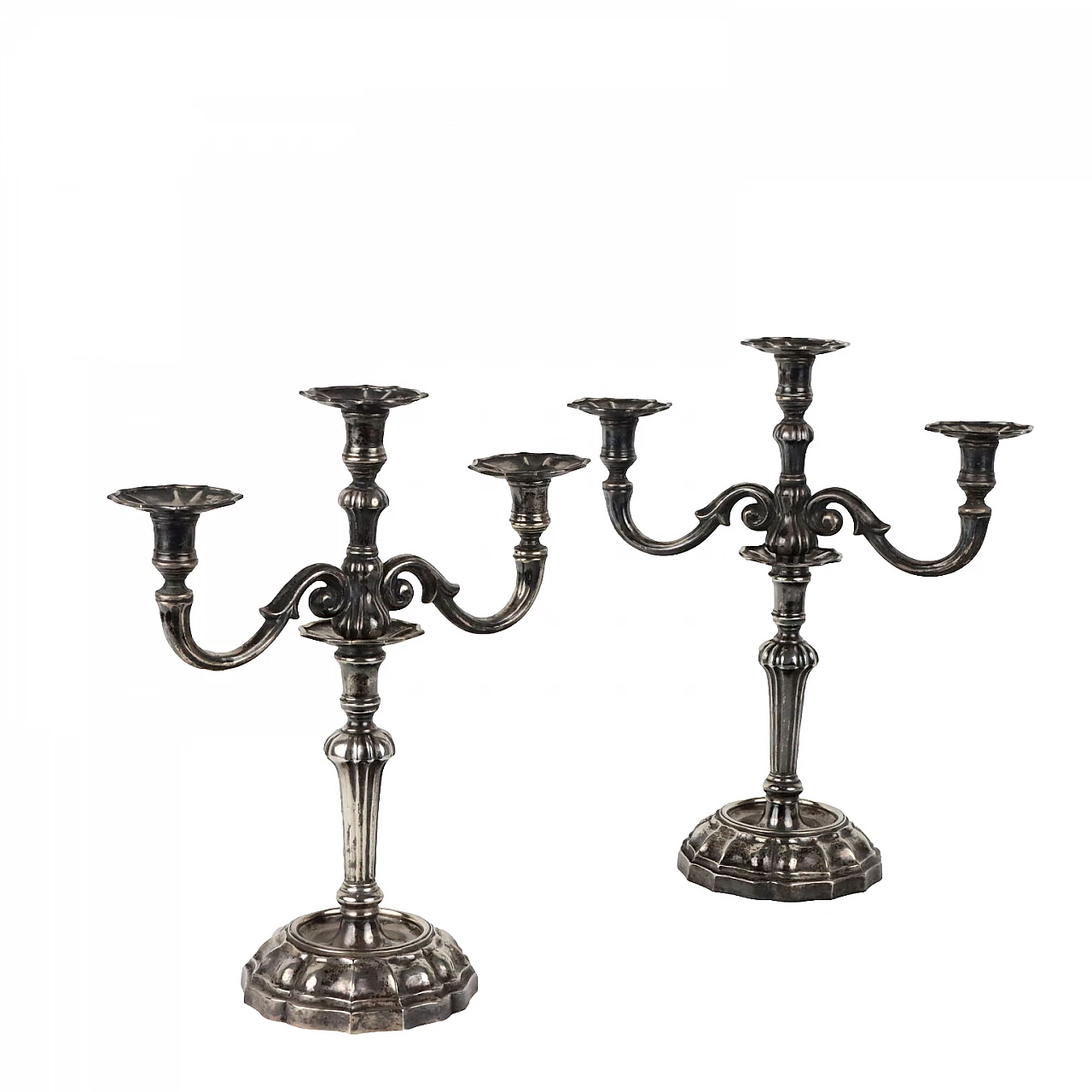 Pair of three-flame candelabra in bacellate silver, 1950s 1