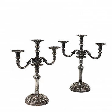 Pair of three-flame candelabra in bacellate silver, 1950s