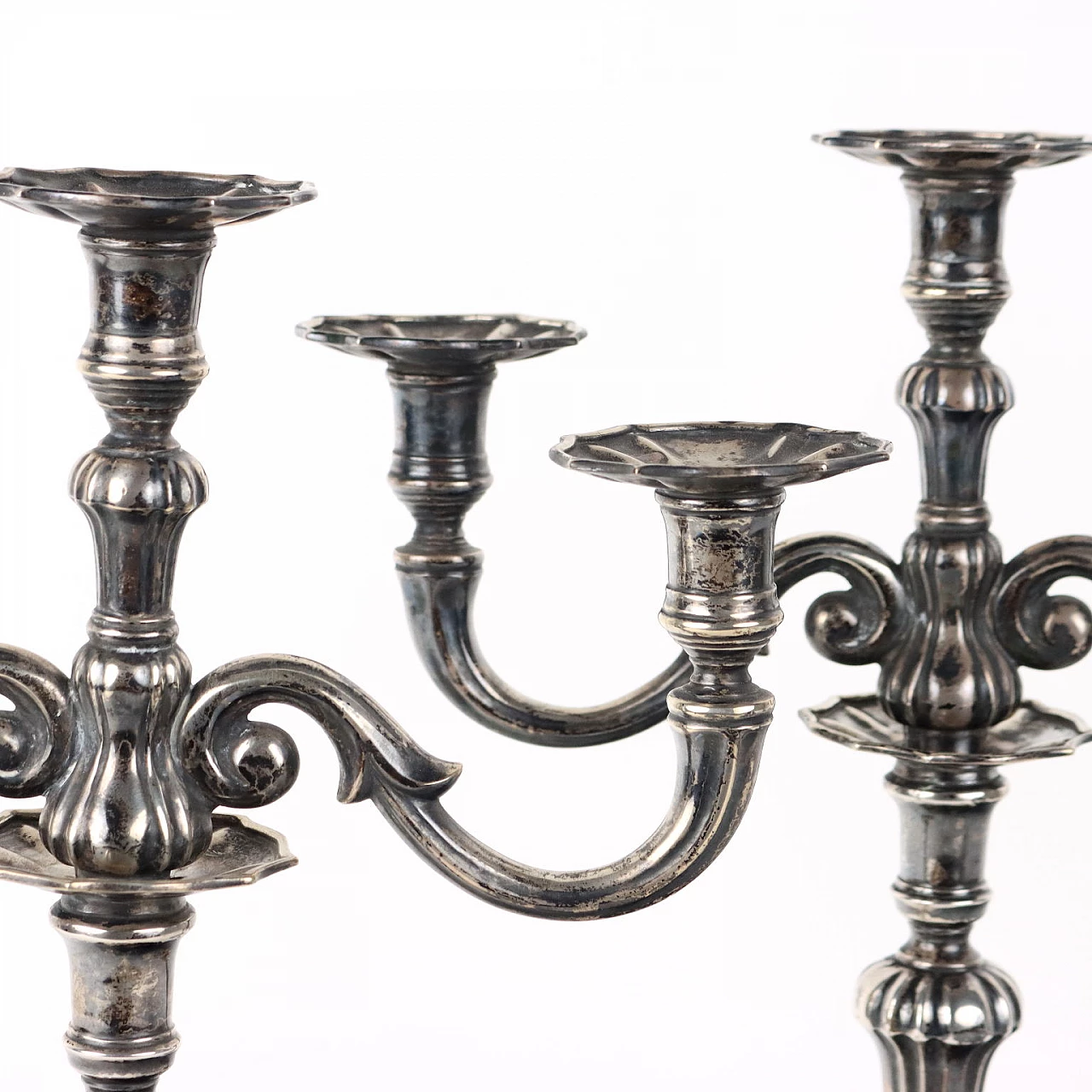 Pair of three-flame candelabra in bacellate silver, 1950s 3