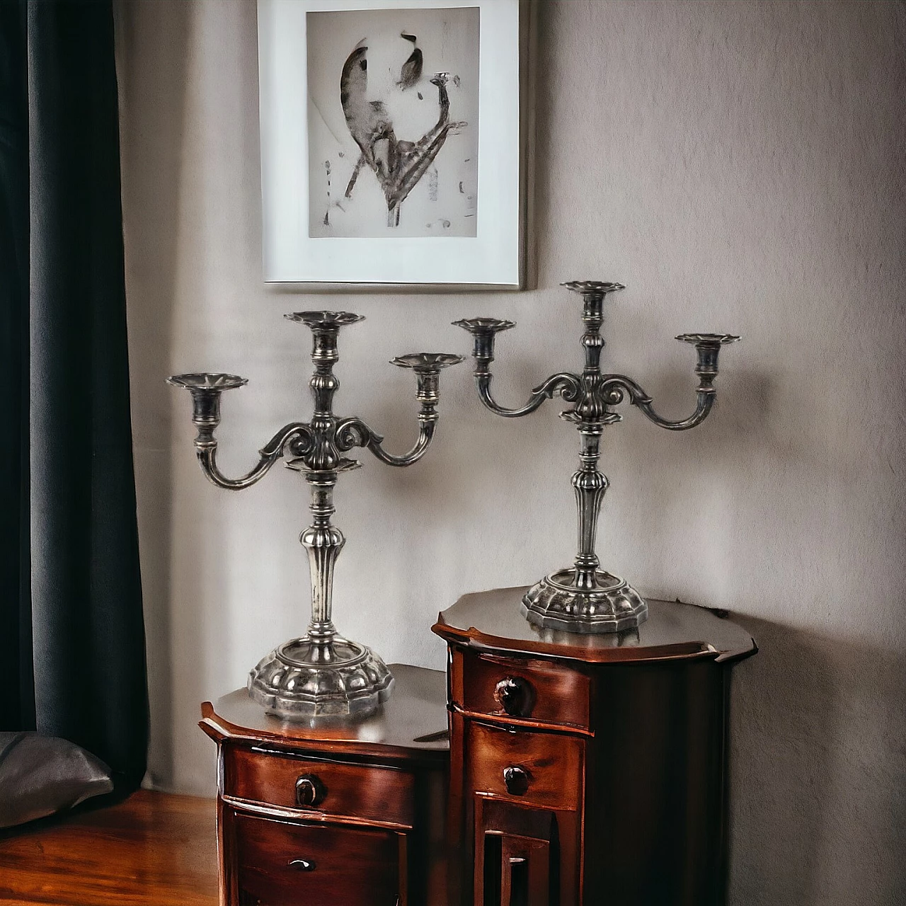 Pair of three-flame candelabra in bacellate silver, 1950s 10