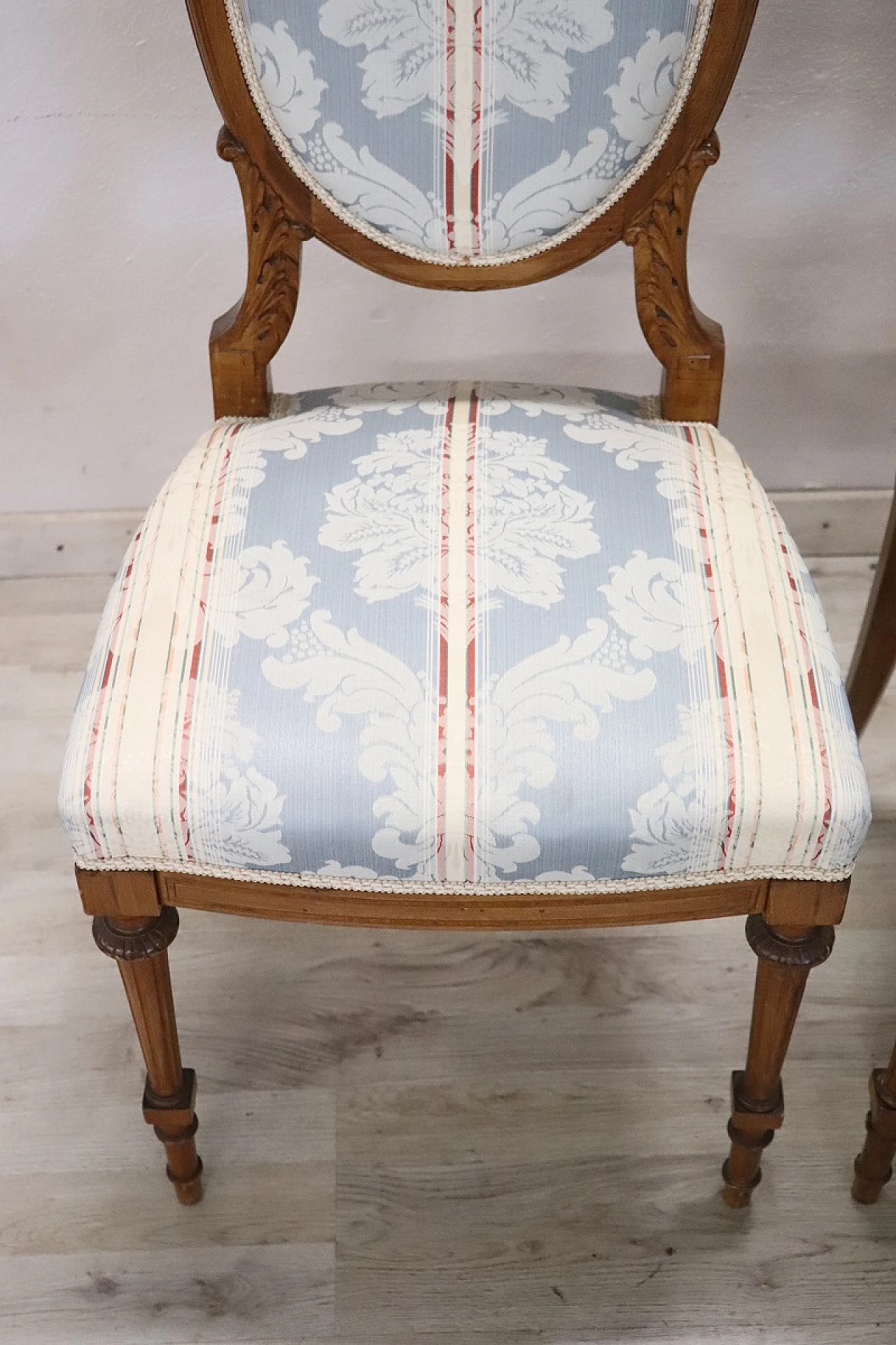 Pair of Louis XVI style beech and fabric chairs, early 20th century 4