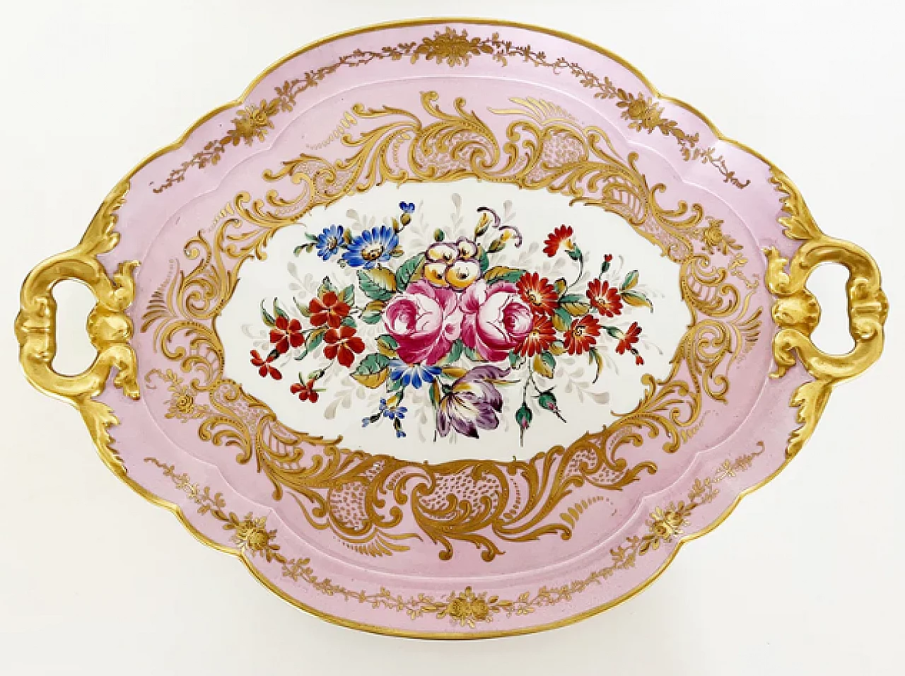 Vassoio in ceramica Limoges Pillivuyt rosa con decoro floreale 1