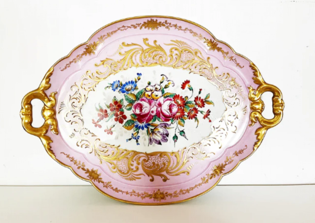 Pink Limoges Pillivuyt ceramic tray with floral decoration 3