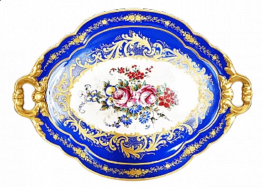 Vassoio in ceramica Limoges Pillivuyt blu con decoro floreale