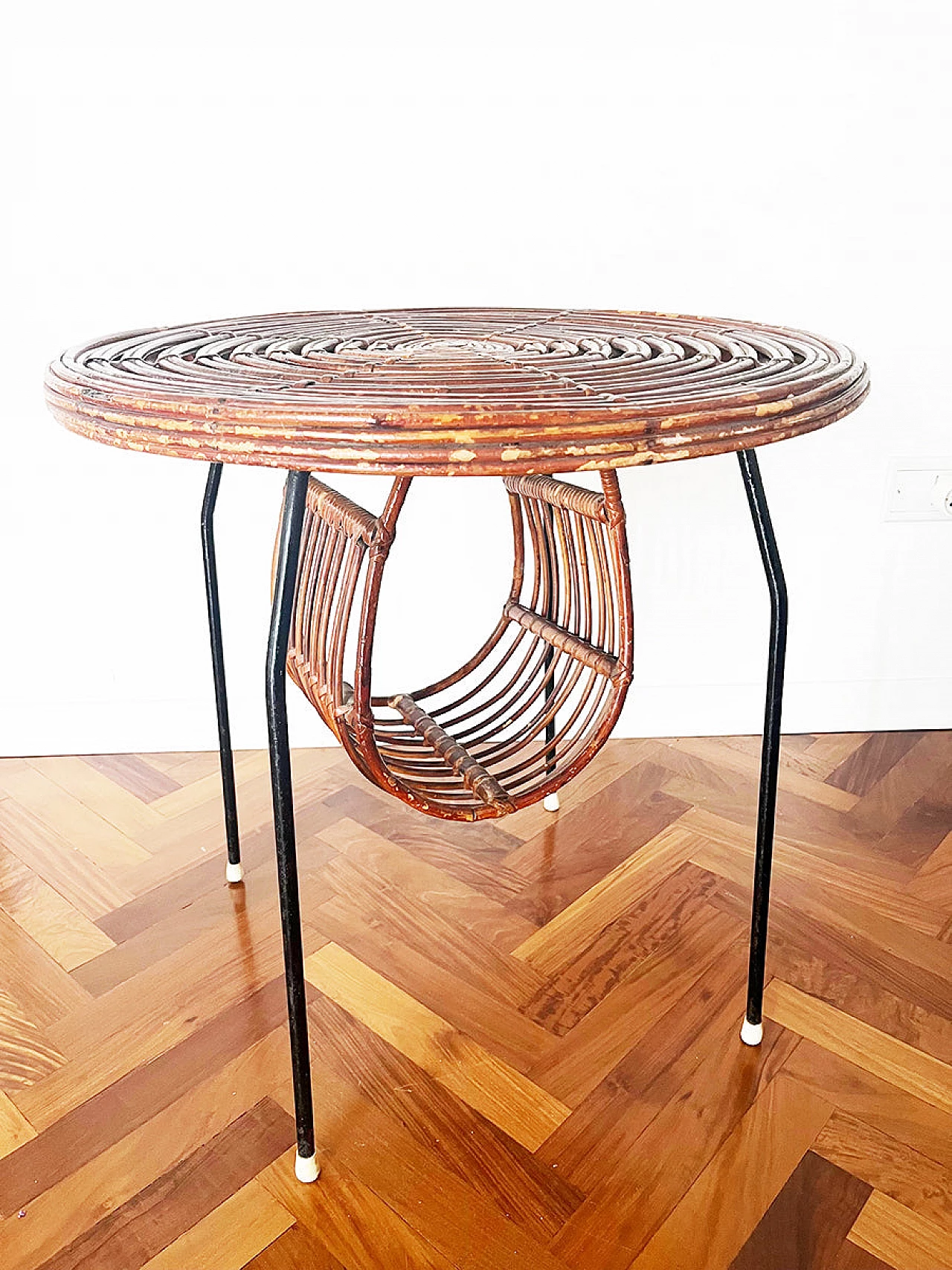 Metal and wicker centre table with magazine rack, 1960s 1