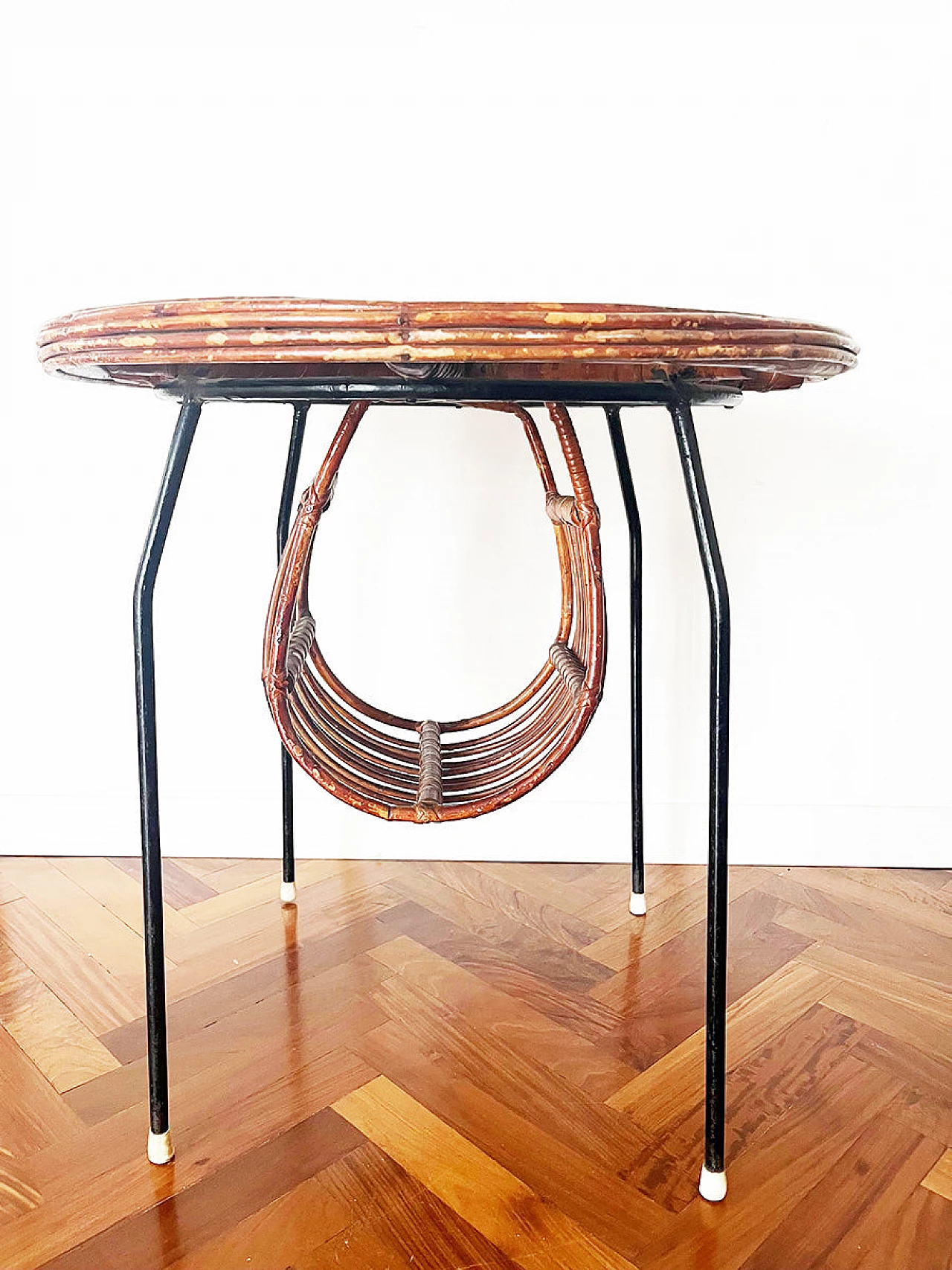 Metal and wicker centre table with magazine rack, 1960s 3