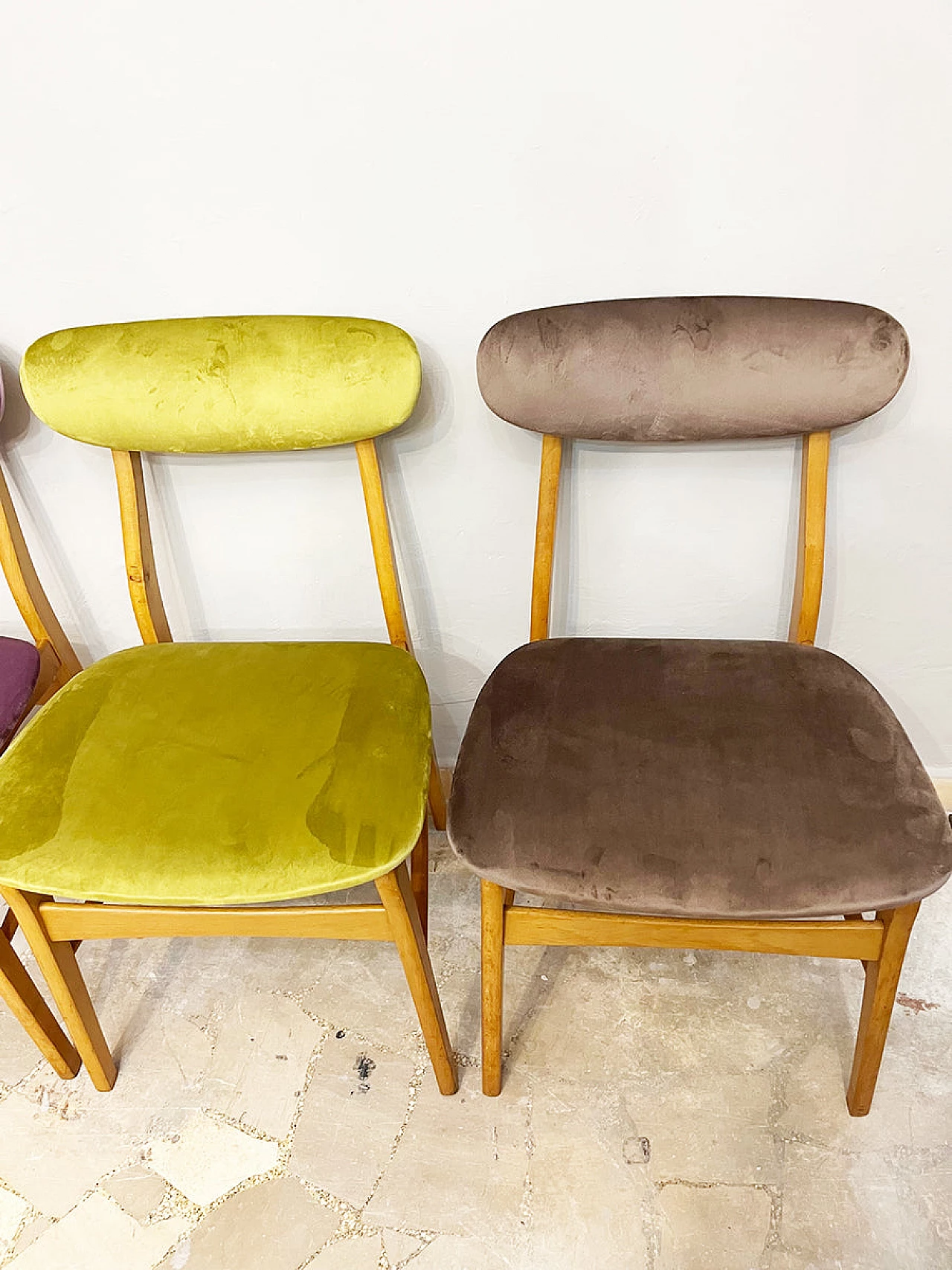 4 Scandinavian beech and velvet chairs, 1960s 2