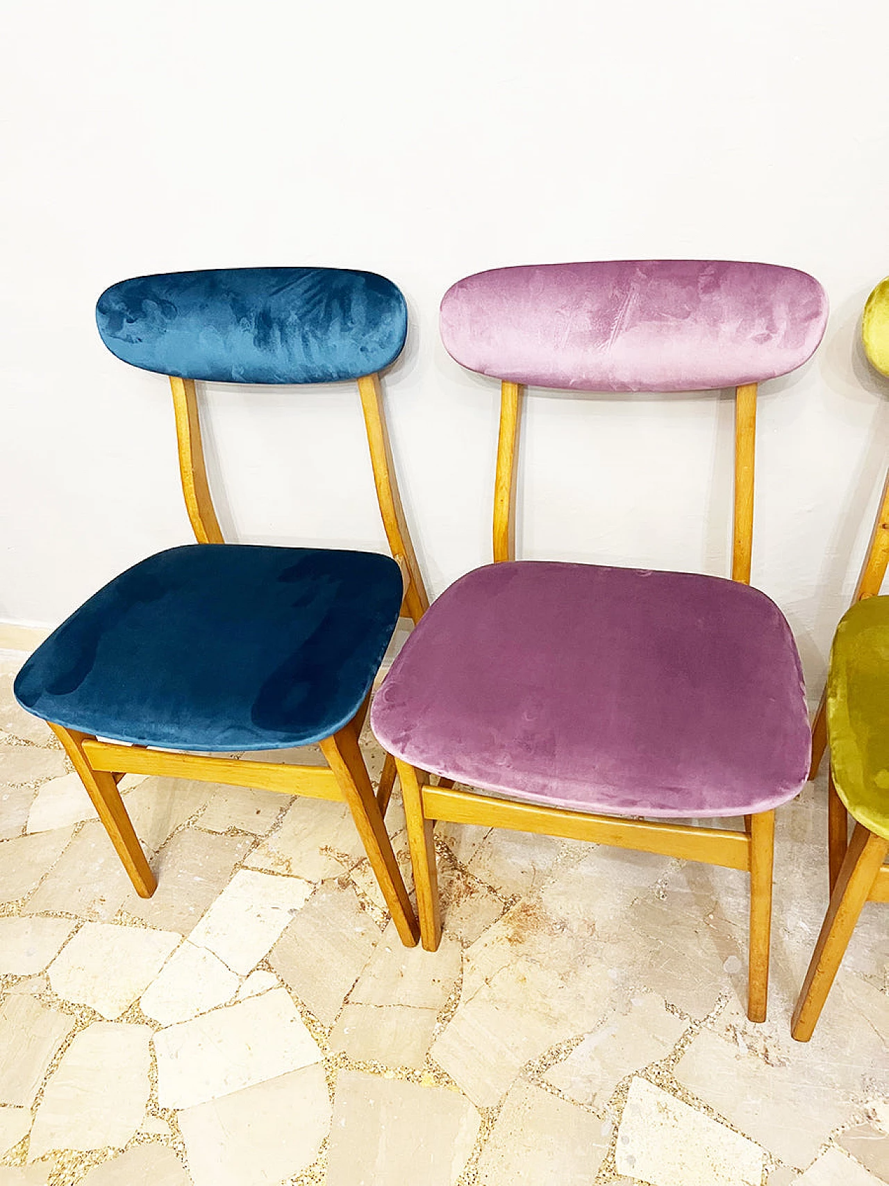 4 Scandinavian beech and velvet chairs, 1960s 3