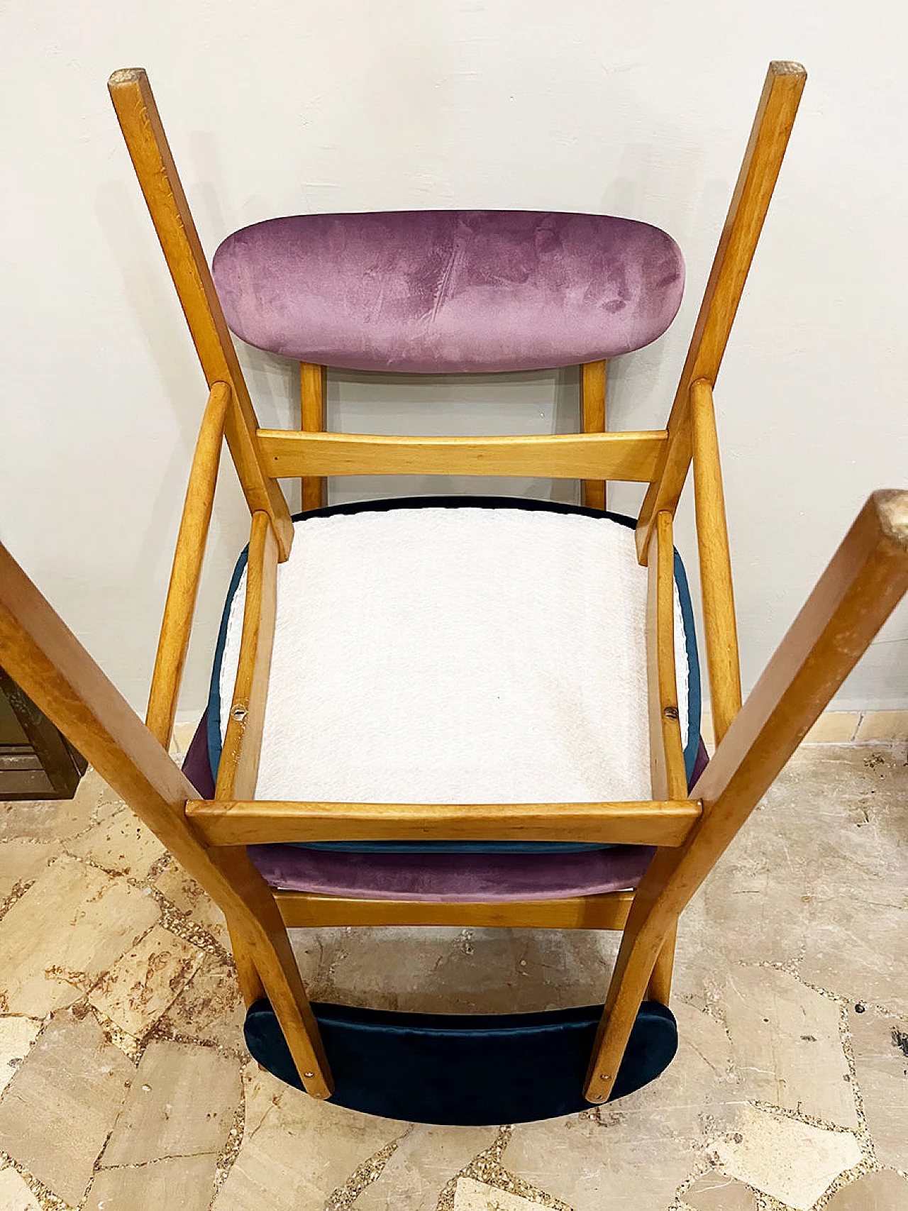 4 Scandinavian beech and velvet chairs, 1960s 4