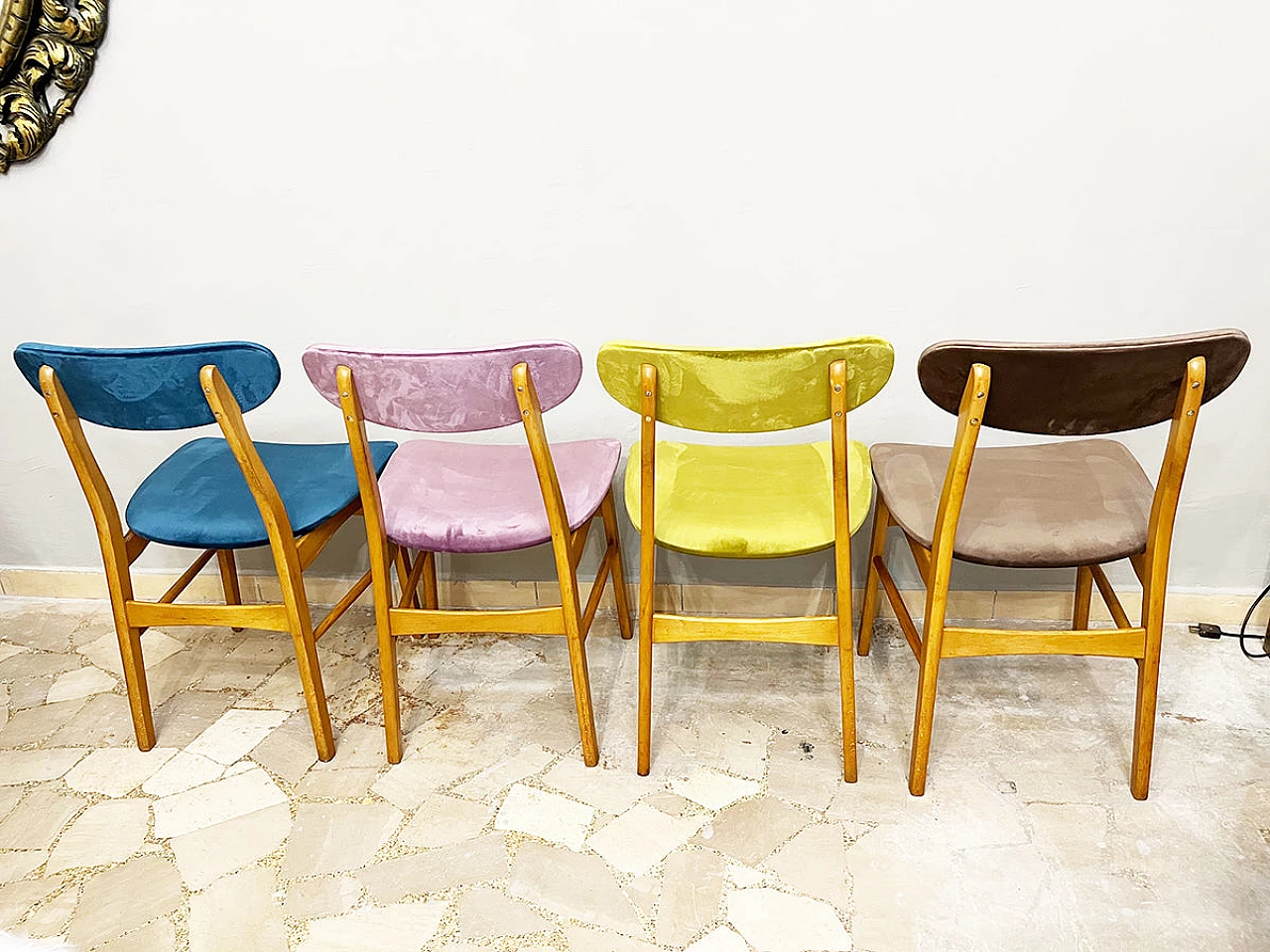 4 Scandinavian beech and velvet chairs, 1960s 5
