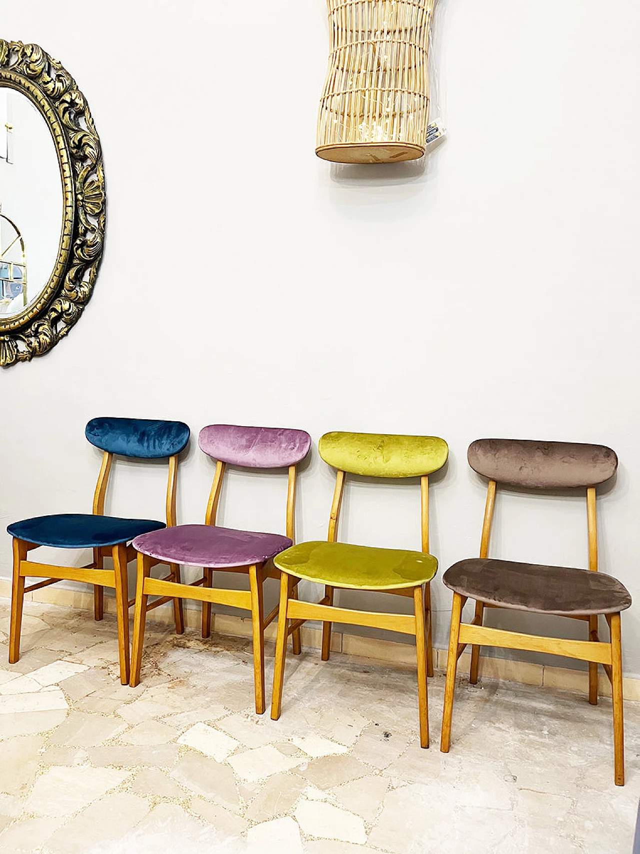 4 Scandinavian beech and velvet chairs, 1960s 6