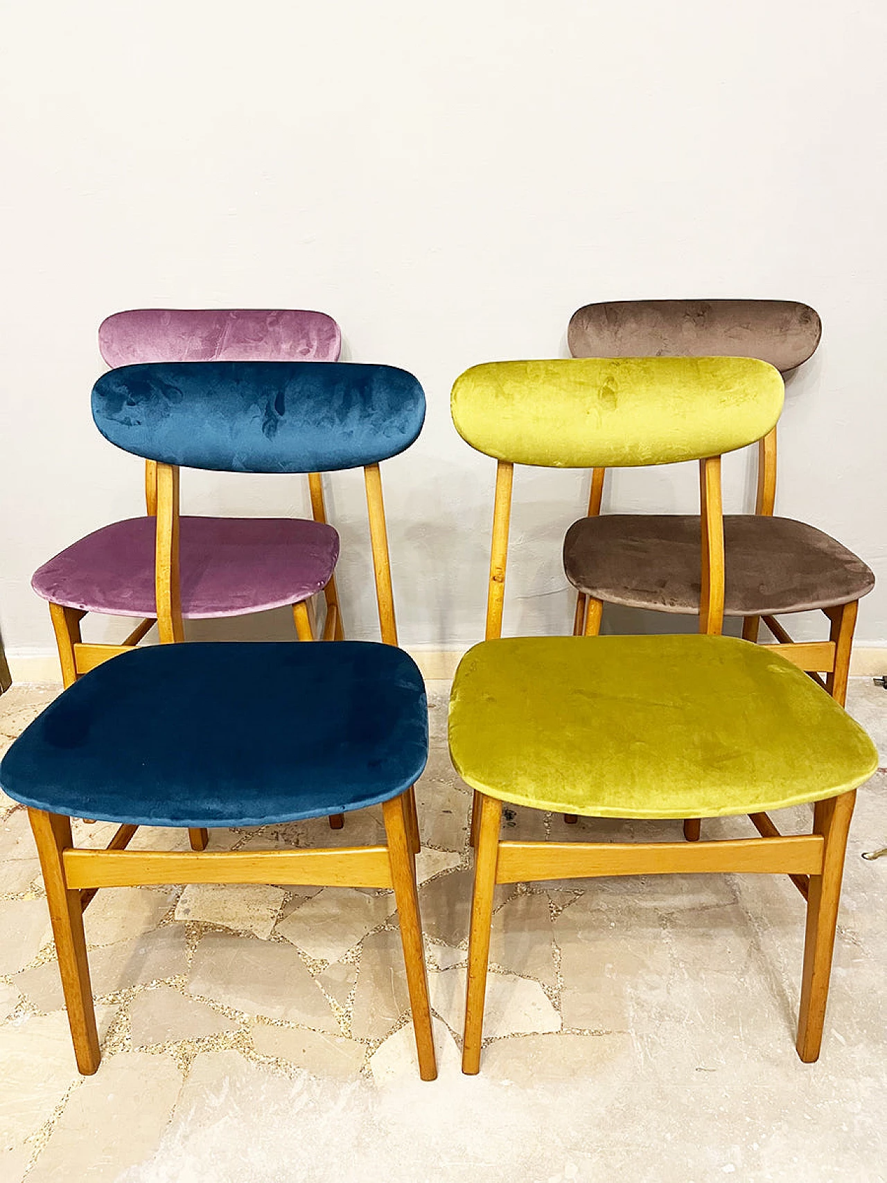 4 Scandinavian beech and velvet chairs, 1960s 7