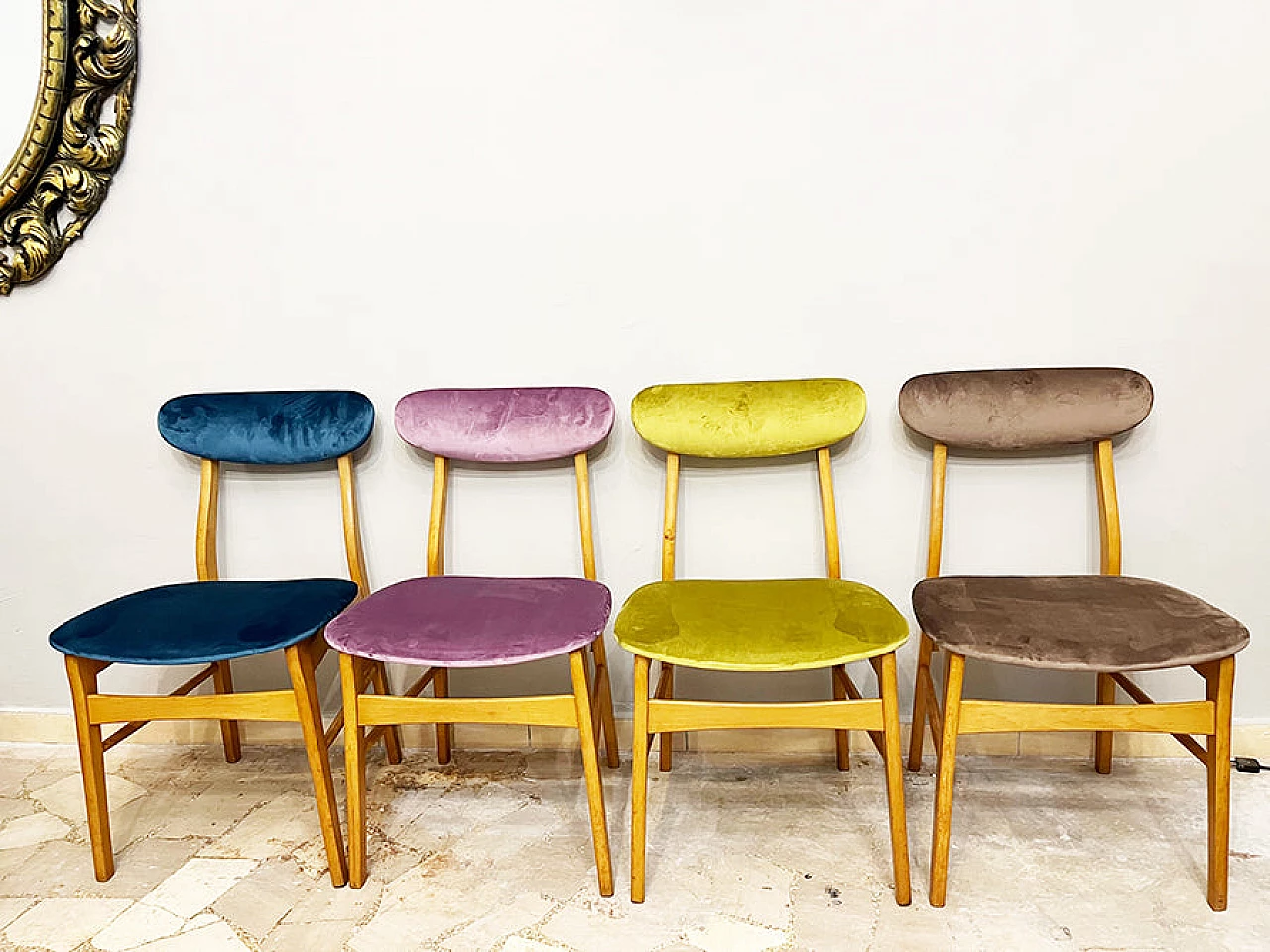 4 Scandinavian beech and velvet chairs, 1960s 8