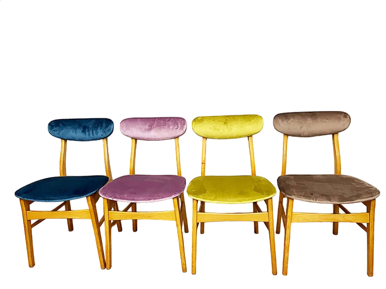 4 Scandinavian beech and velvet chairs, 1960s 9