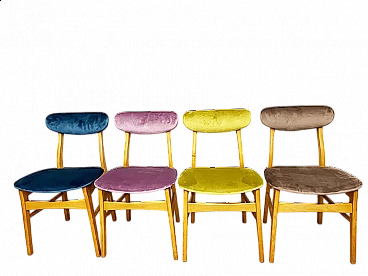 4 Scandinavian beech and velvet chairs, 1960s