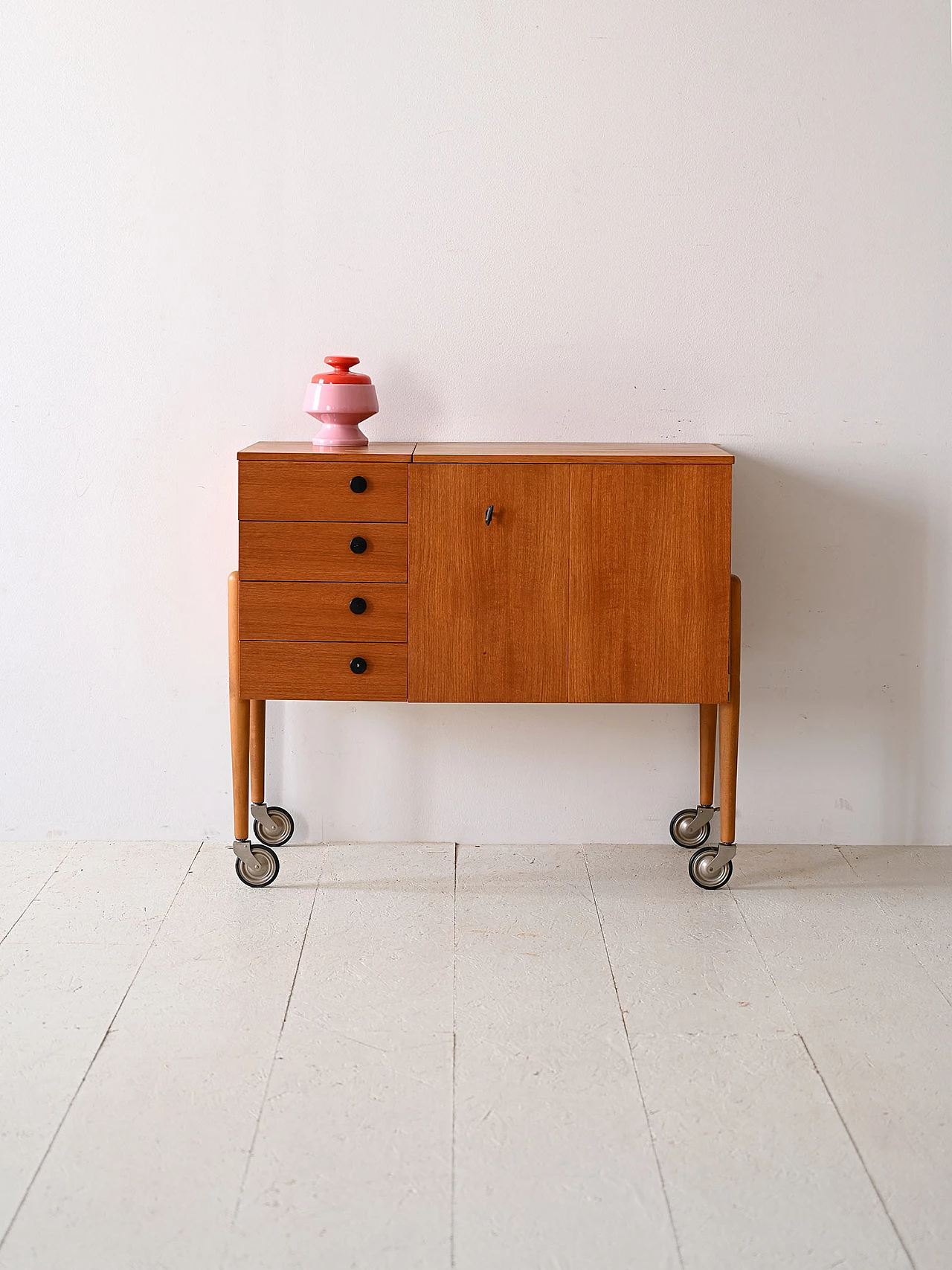 Teak sewing cabinet with drawers and wheels, 1960s 1