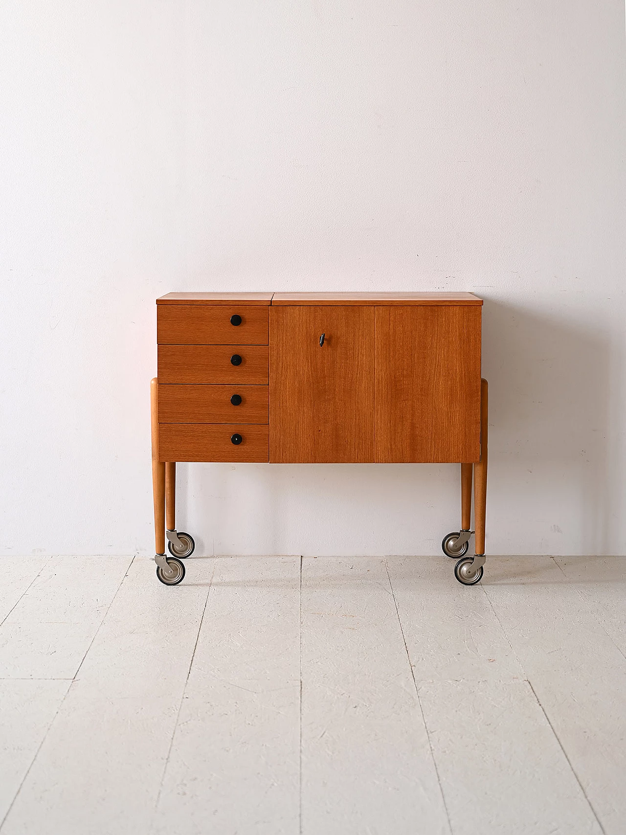Teak sewing cabinet with drawers and wheels, 1960s 2
