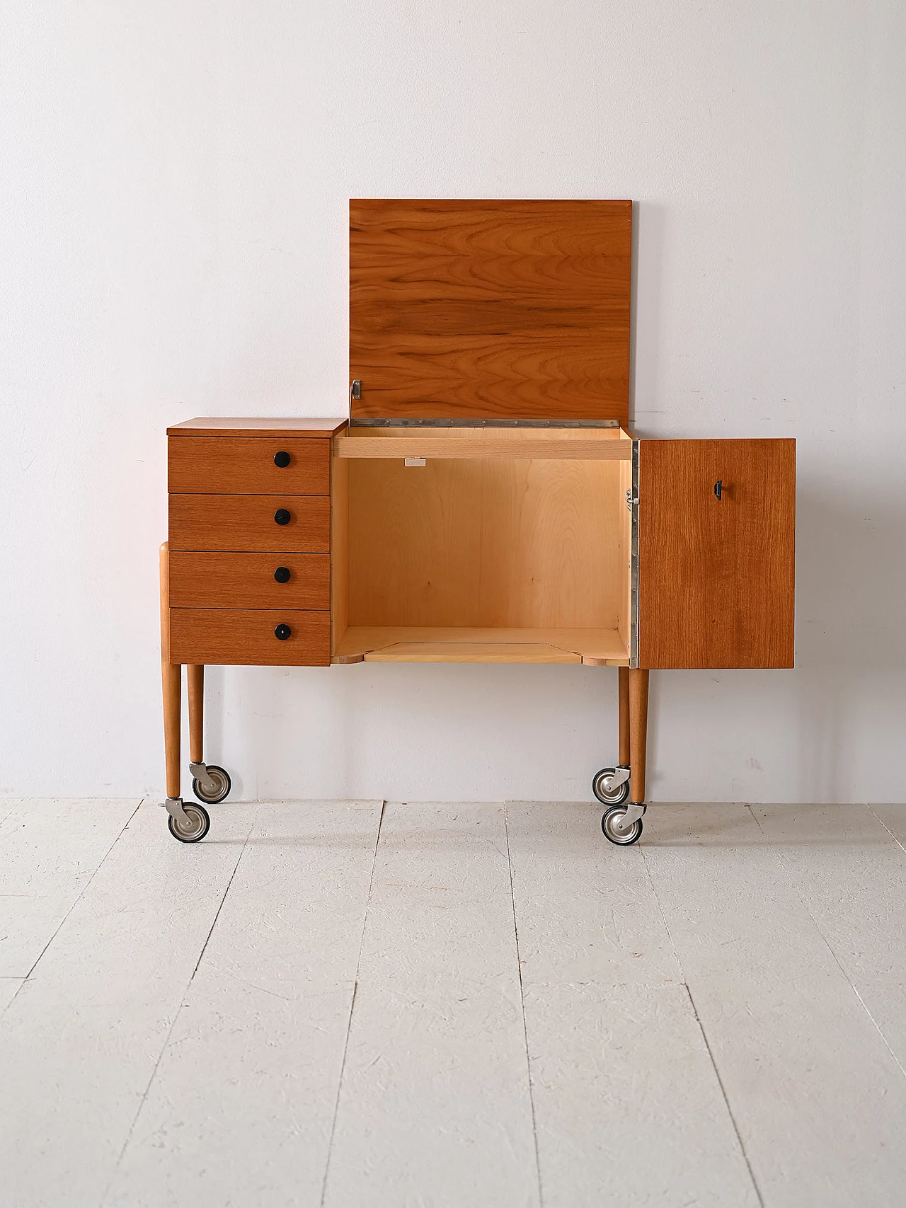 Teak sewing cabinet with drawers and wheels, 1960s 3