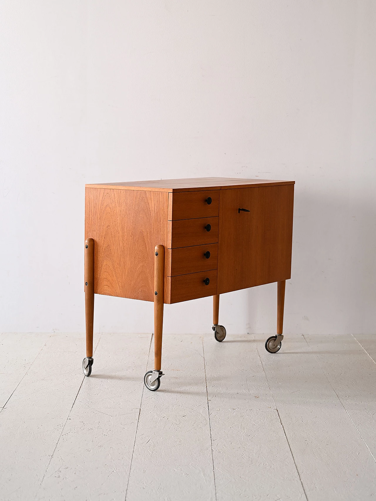 Teak sewing cabinet with drawers and wheels, 1960s 4