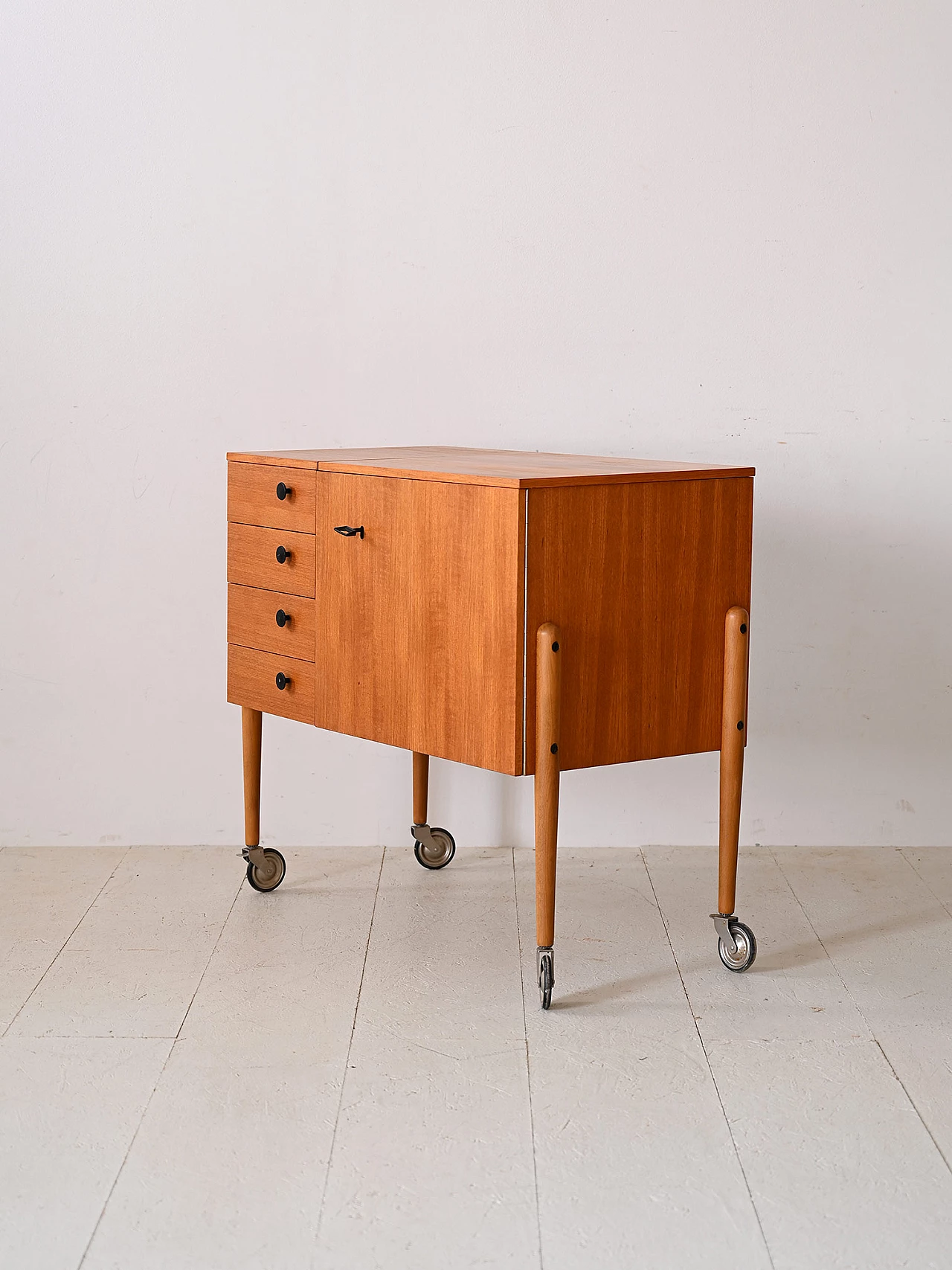 Teak sewing cabinet with drawers and wheels, 1960s 5