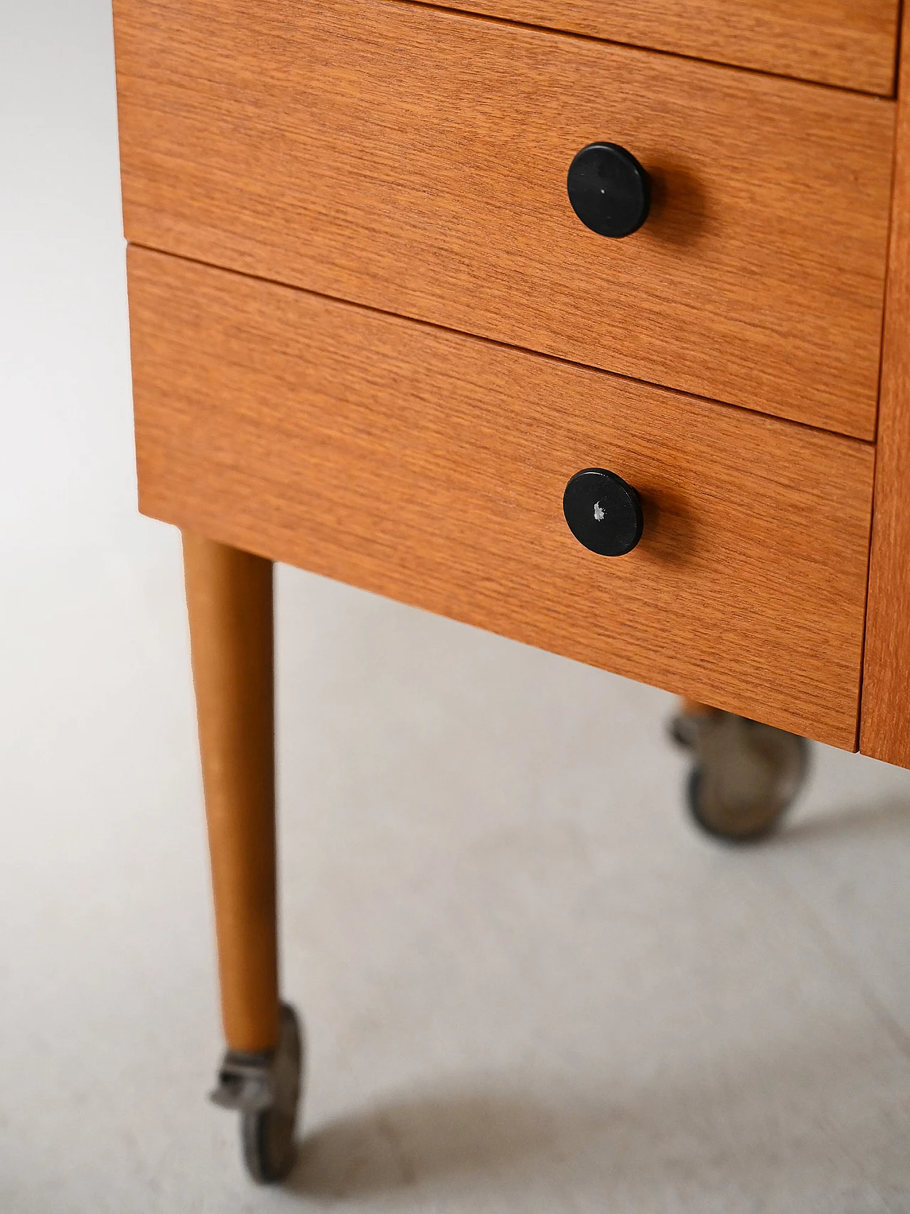 Teak sewing cabinet with drawers and wheels, 1960s 7