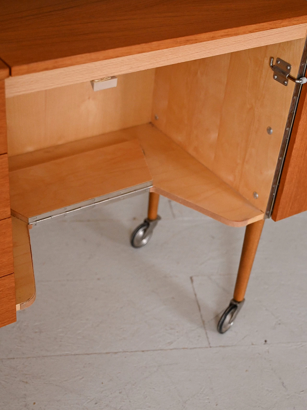 Teak sewing cabinet with drawers and wheels, 1960s 11