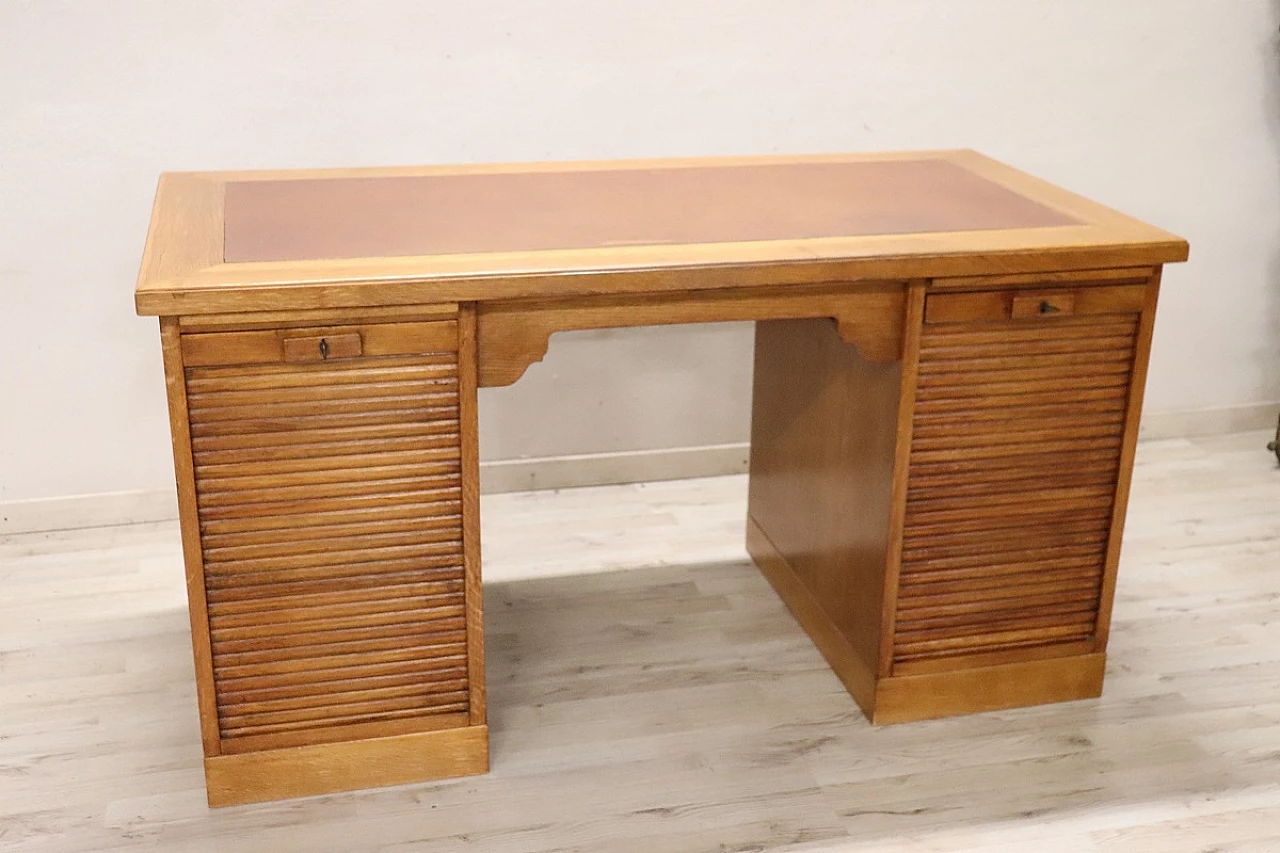 Desk in oak wood and leather with two doors, 1940s 2