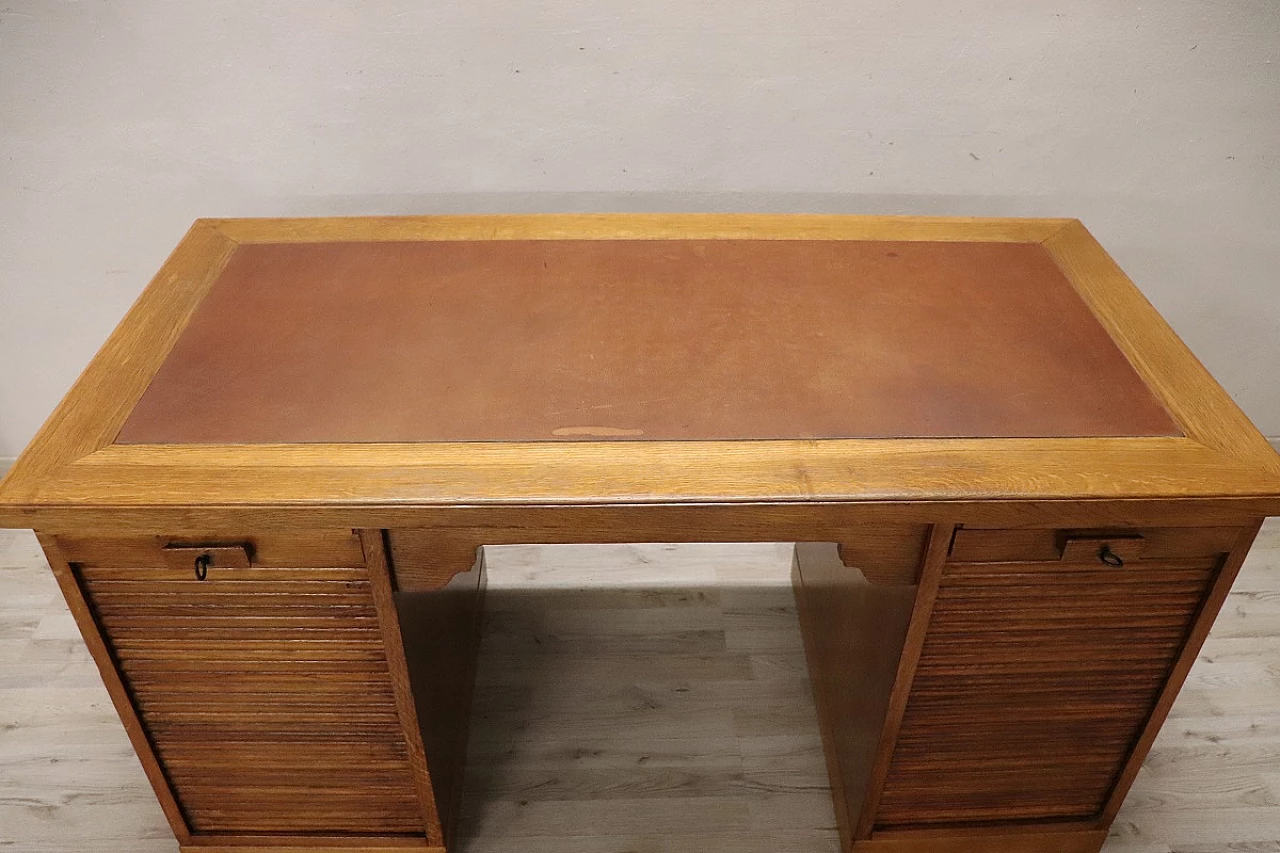 Desk in oak wood and leather with two doors, 1940s 3