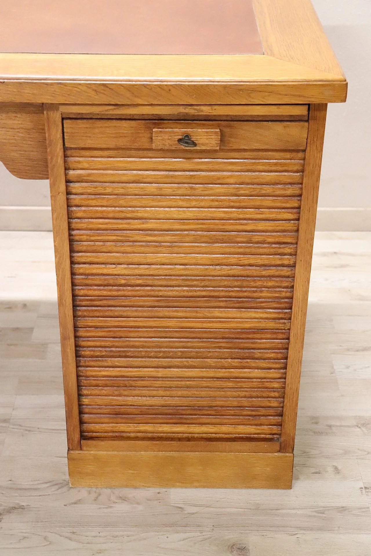 Desk in oak wood and leather with two doors, 1940s 5