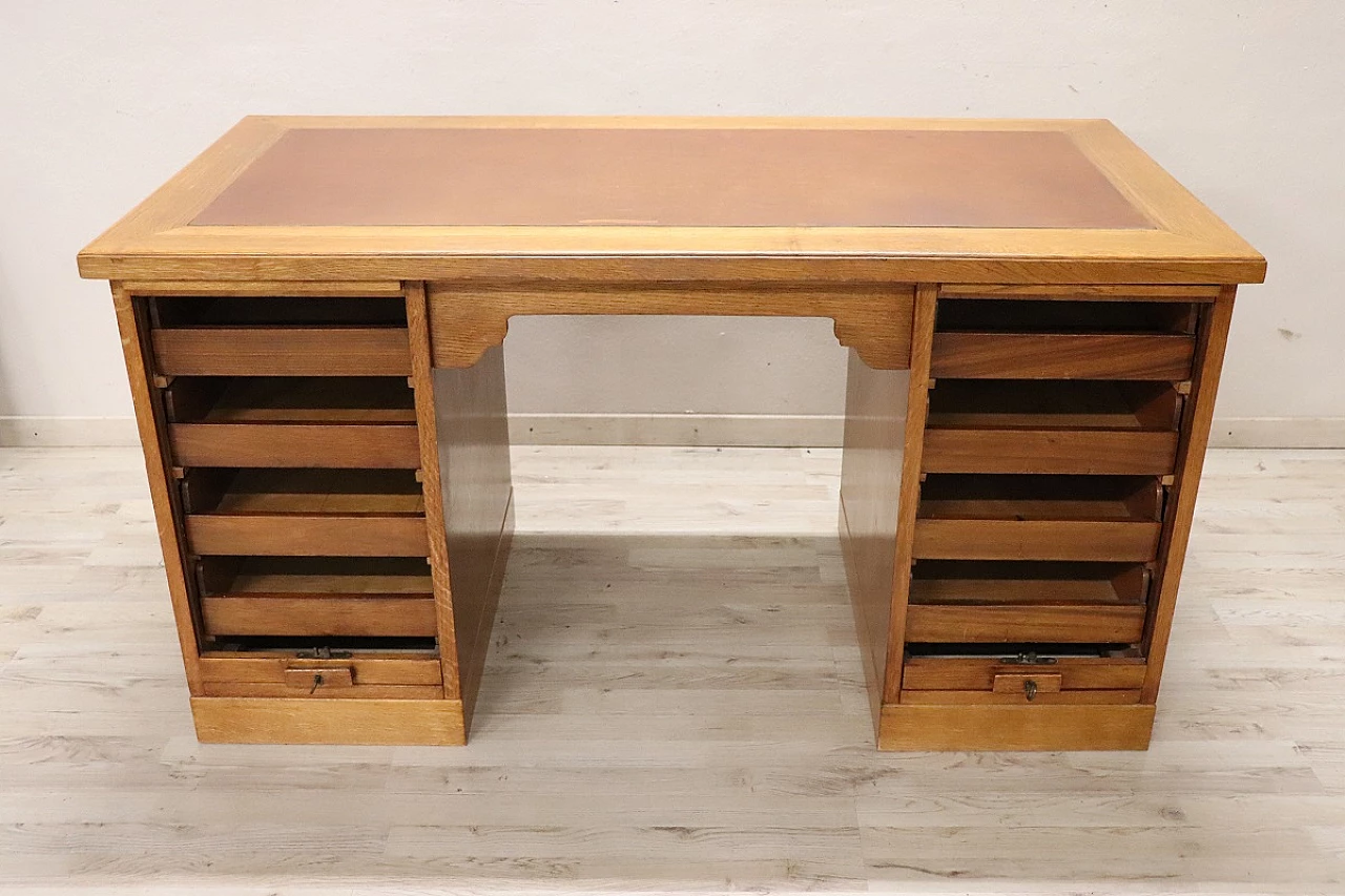 Desk in oak wood and leather with two doors, 1940s 7