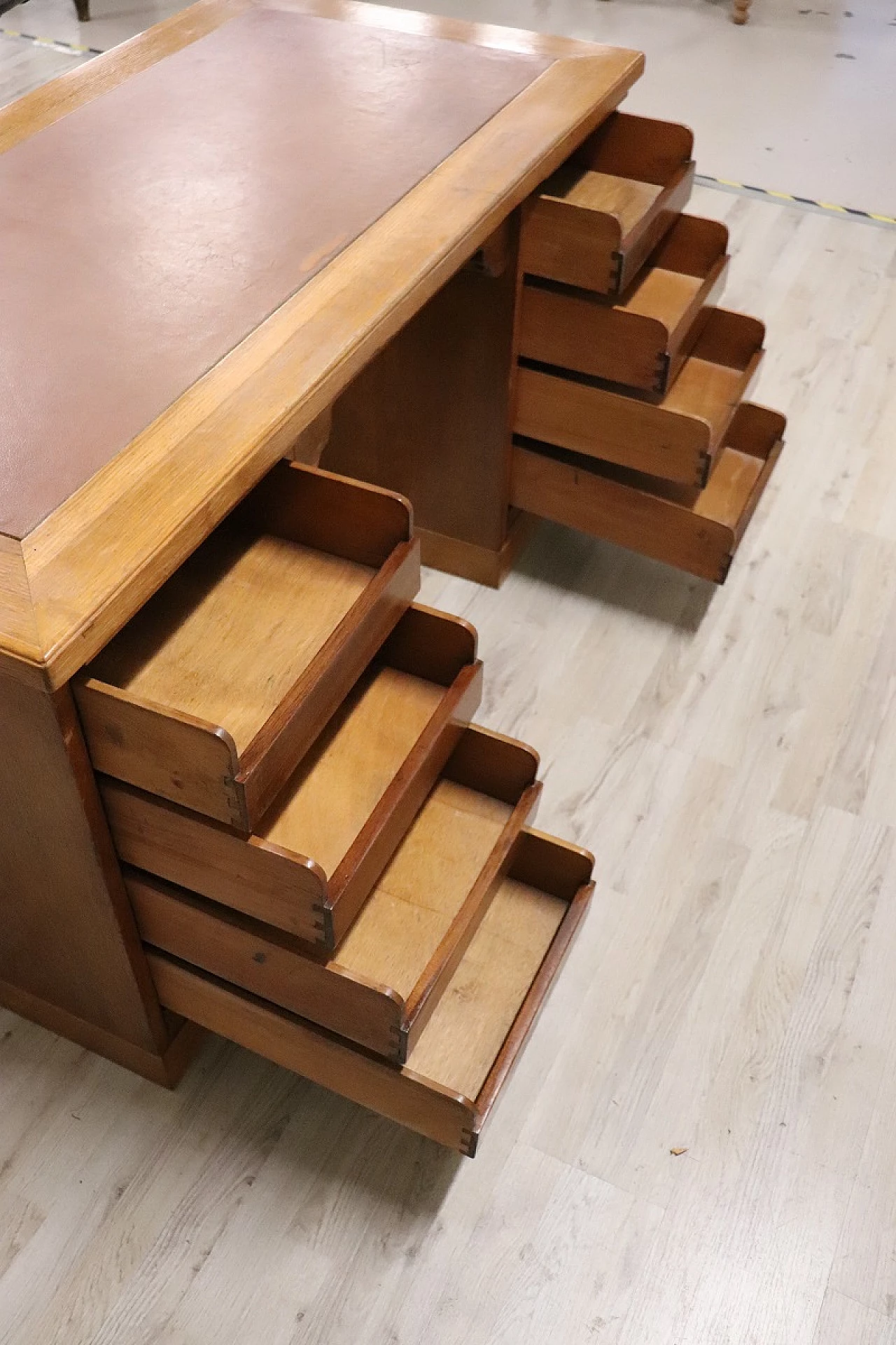 Desk in oak wood and leather with two doors, 1940s 8