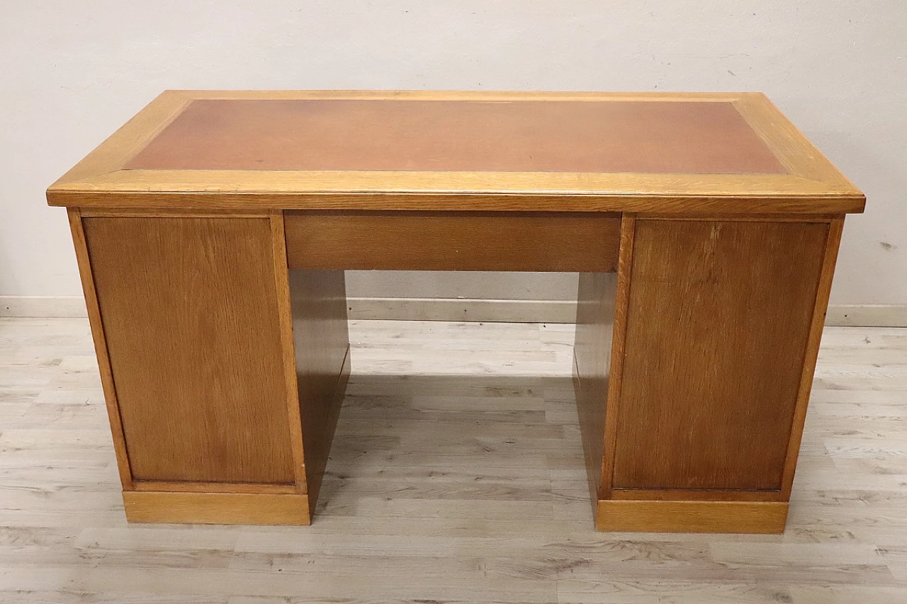 Desk in oak wood and leather with two doors, 1940s 9