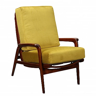 Reclining armchair in stained beech wood and velvet, 1950s