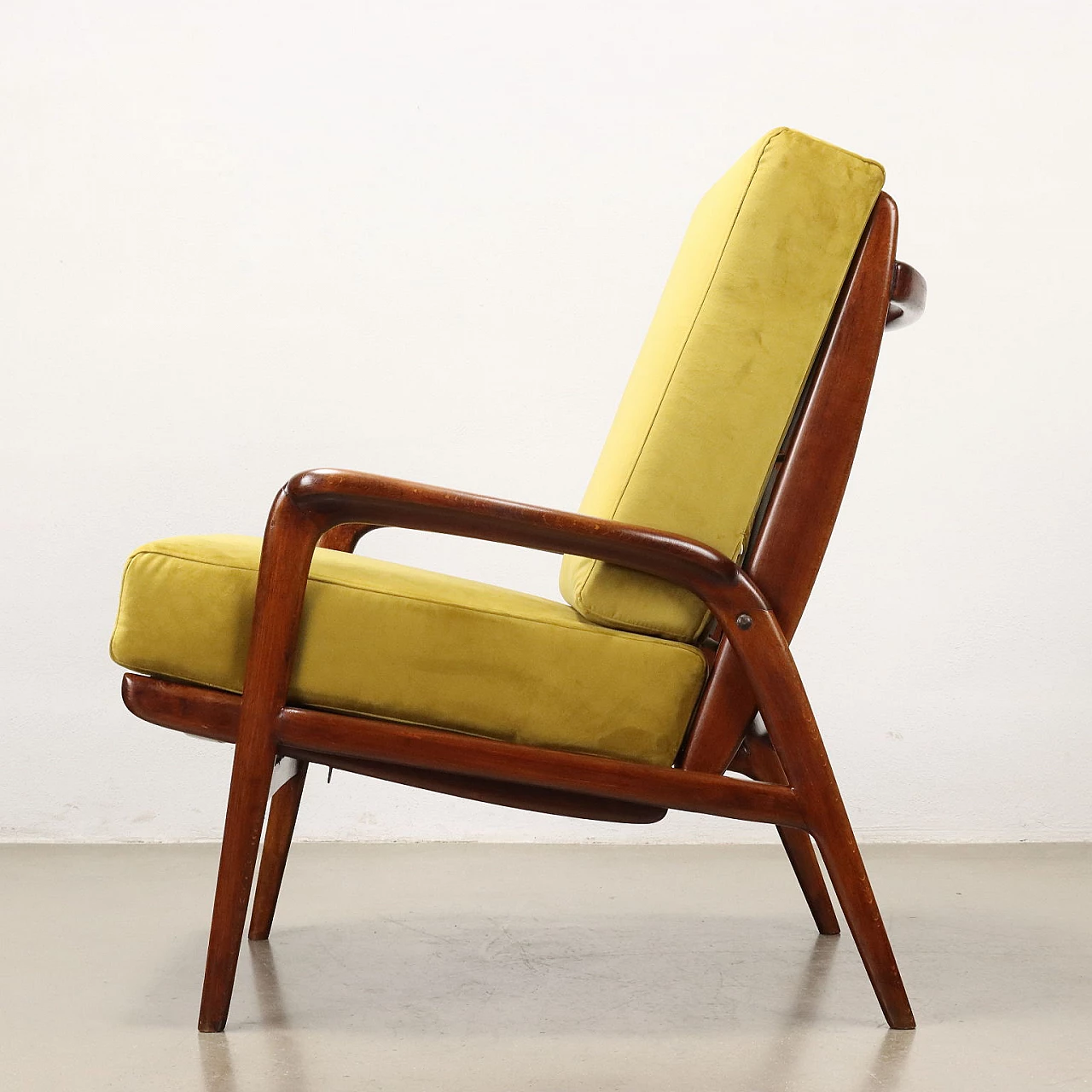 Reclining armchair in stained beech wood and velvet, 1950s 4